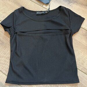 PRETTY‎ LITTLE THING BLACK RIB CUT OUT SHORT SLEEVE CROP TOP US 2